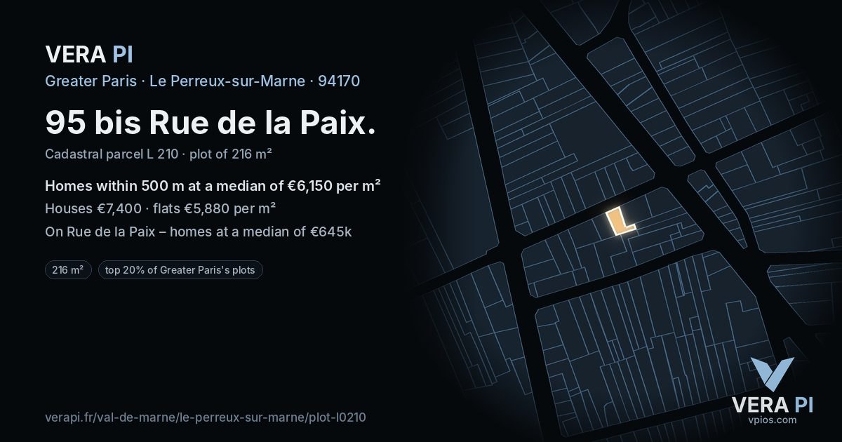 95 bis Rue de la Paix, Le Perreux-sur-Marne at night – the plot lit, the parcels around coloured by the prices near them