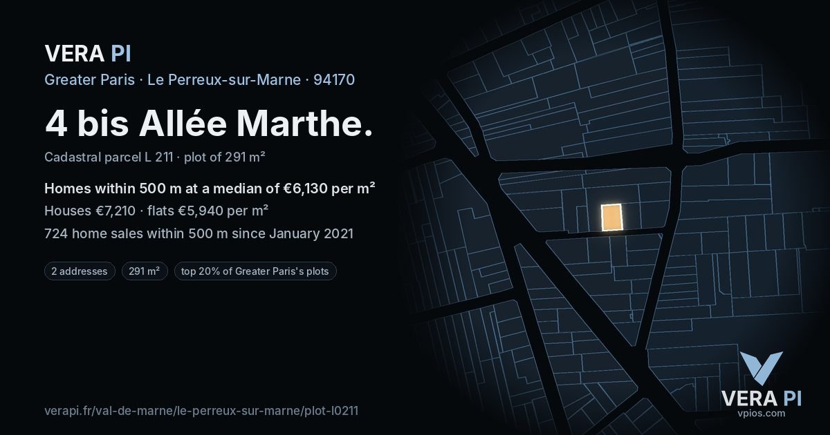 4 bis Allée Marthe, Le Perreux-sur-Marne at night – the plot lit, the parcels around coloured by the prices near them