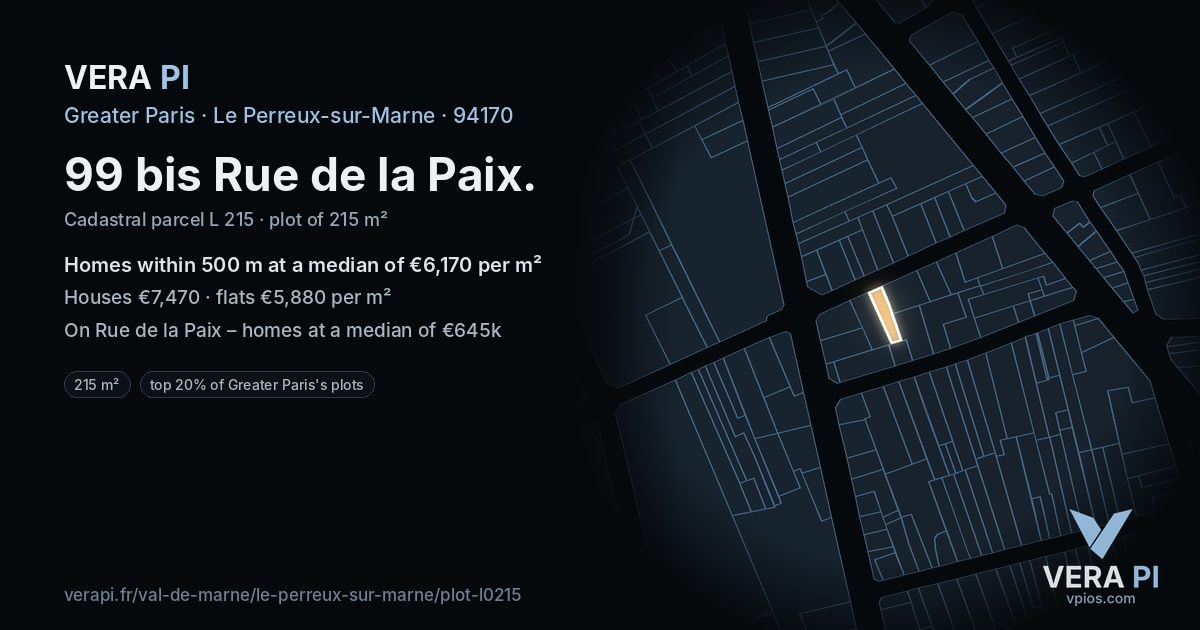 99 bis Rue de la Paix, Le Perreux-sur-Marne at night – the plot lit, the parcels around coloured by the prices near them