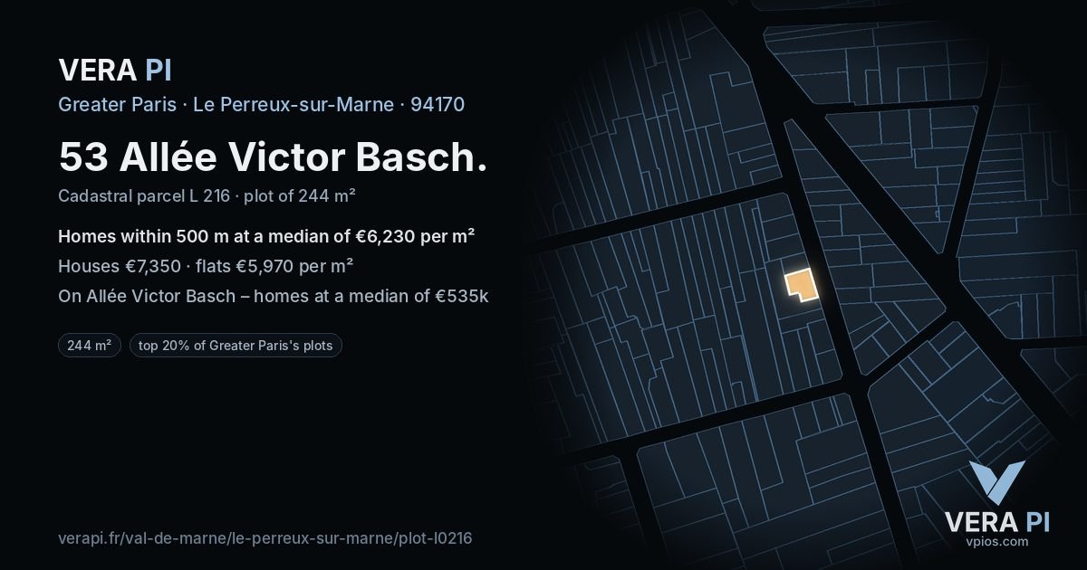 53 Allée Victor Basch, Le Perreux-sur-Marne at night – the plot lit, the parcels around coloured by the prices near them