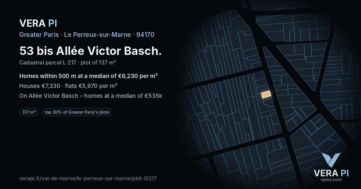 53 bis Allée Victor Basch, Le Perreux-sur-Marne at night – the plot lit, the parcels around coloured by the prices near them