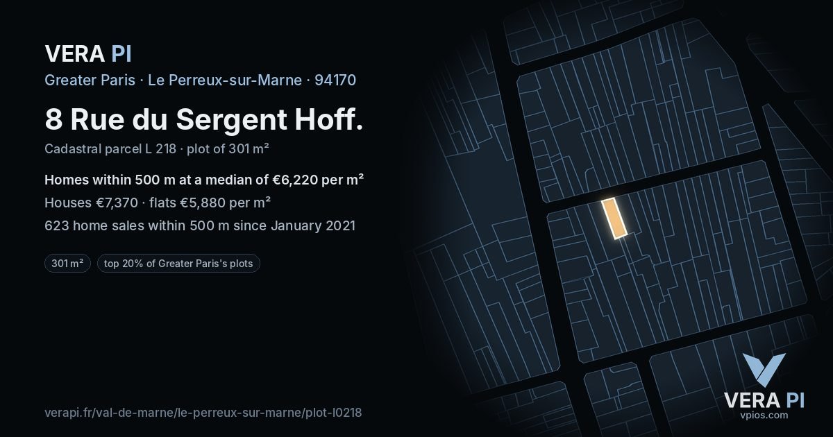 8 Rue du Sergent Hoff, Le Perreux-sur-Marne at night – the plot lit, the parcels around coloured by the prices near them