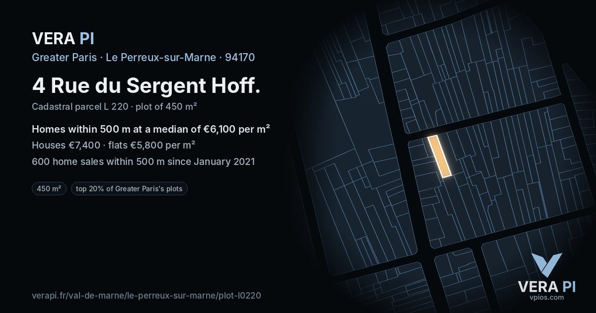 4 Rue du Sergent Hoff, Le Perreux-sur-Marne at night – the plot lit, the parcels around coloured by the prices near them