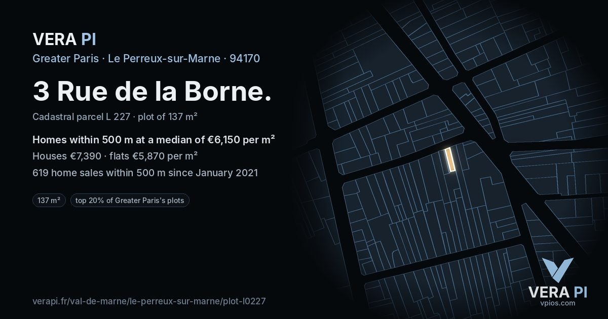 3 Rue de la Borne, Le Perreux-sur-Marne at night – the plot lit, the parcels around coloured by the prices near them