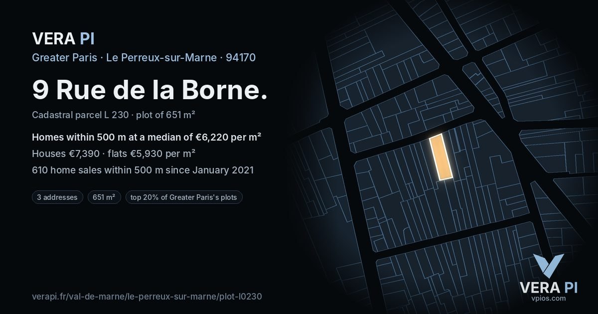 9 Rue de la Borne, Le Perreux-sur-Marne at night – the plot lit, the parcels around coloured by the prices near them