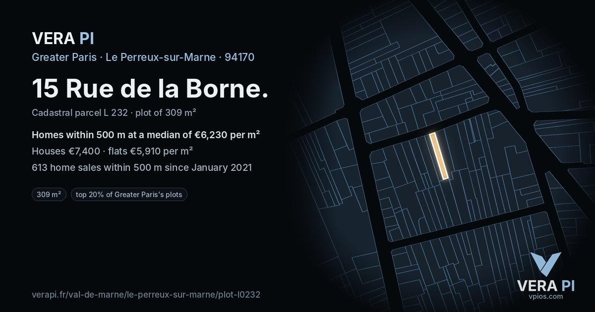 15 Rue de la Borne, Le Perreux-sur-Marne at night – the plot lit, the parcels around coloured by the prices near them