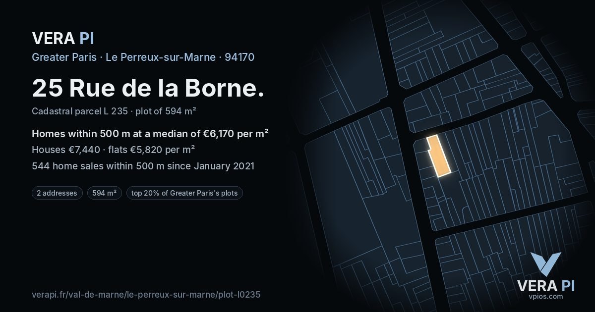 25 Rue de la Borne, Le Perreux-sur-Marne at night – the plot lit, the parcels around coloured by the prices near them