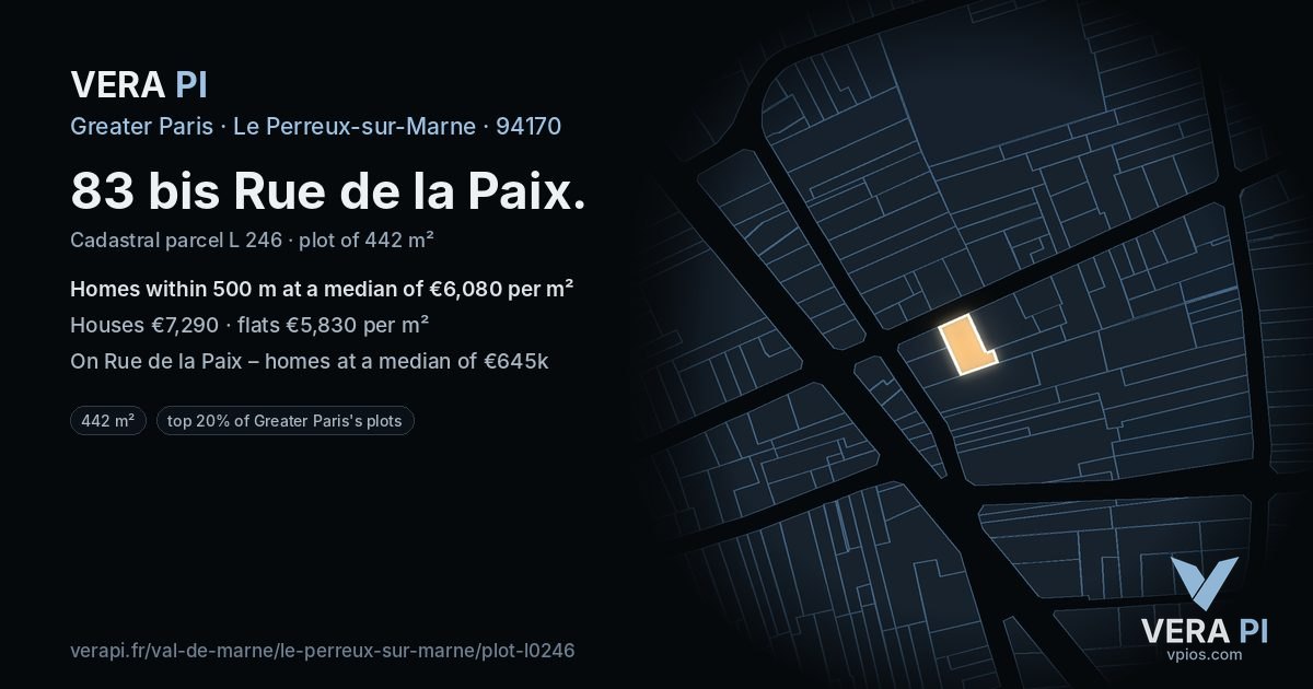 83 bis Rue de la Paix, Le Perreux-sur-Marne at night – the plot lit, the parcels around coloured by the prices near them