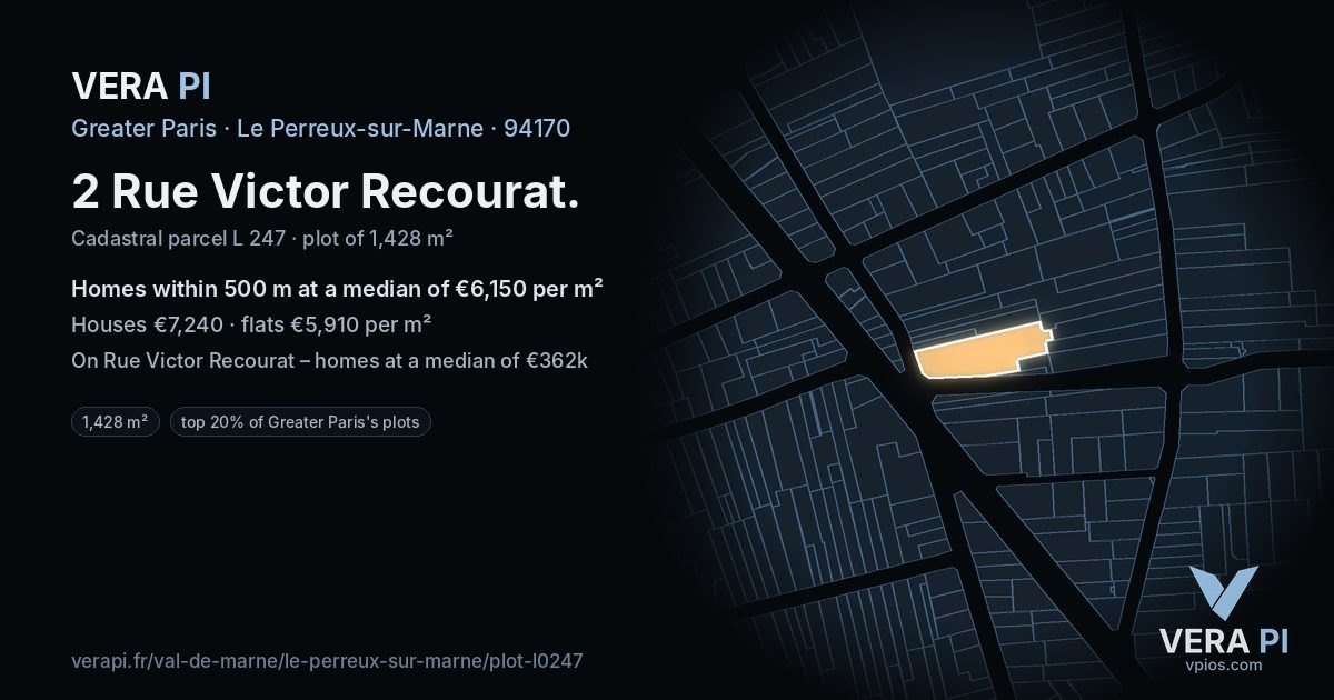 2 Rue Victor Recourat, Le Perreux-sur-Marne at night – the plot lit, the parcels around coloured by the prices near them