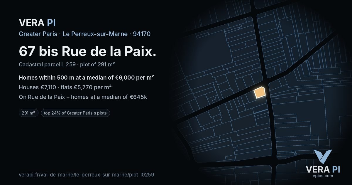 67 bis Rue de la Paix, Le Perreux-sur-Marne at night – the plot lit, the parcels around coloured by the prices near them