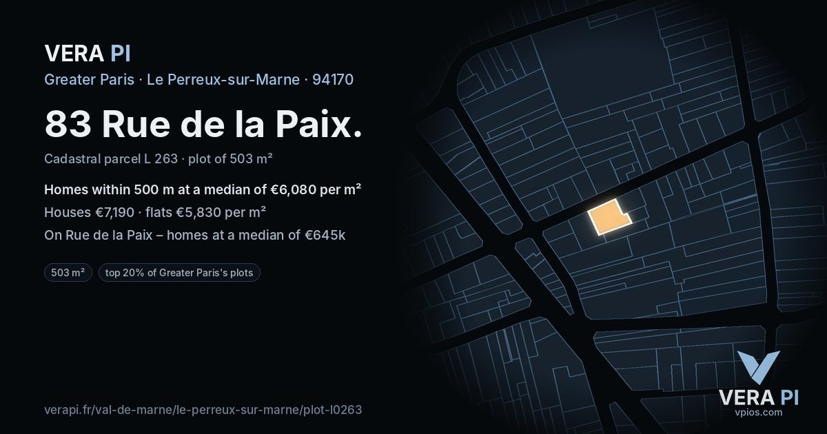 83 Rue de la Paix, Le Perreux-sur-Marne at night – the plot lit, the parcels around coloured by the prices near them