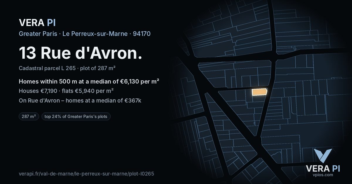 13 Rue d'Avron, Le Perreux-sur-Marne at night – the plot lit, the parcels around coloured by the prices near them