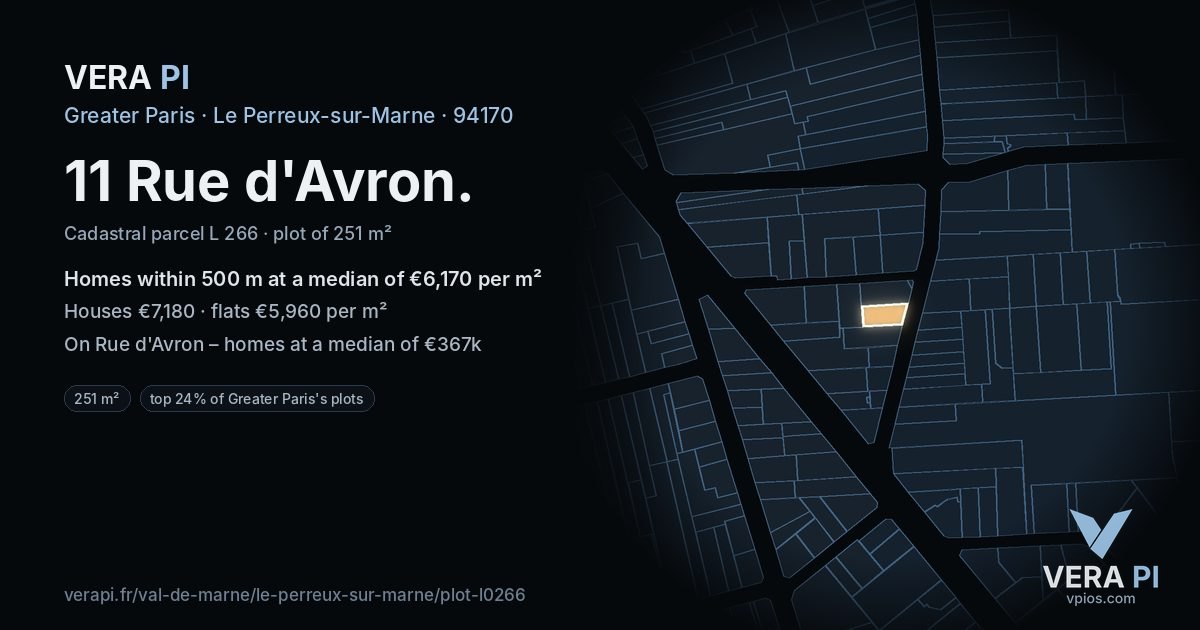 11 Rue d'Avron, Le Perreux-sur-Marne at night – the plot lit, the parcels around coloured by the prices near them