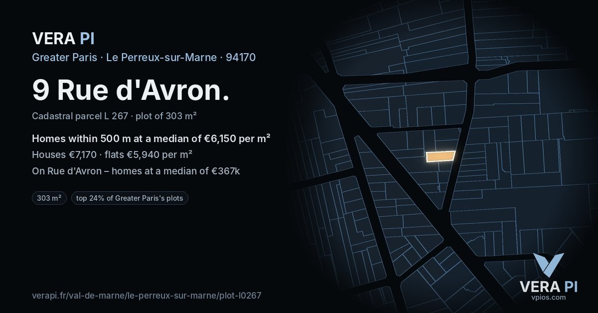 9 Rue d'Avron, Le Perreux-sur-Marne at night – the plot lit, the parcels around coloured by the prices near them