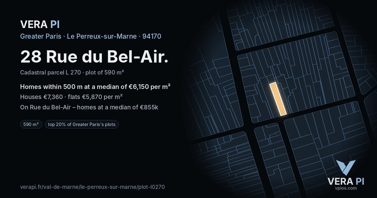 28 Rue du Bel-Air, Le Perreux-sur-Marne at night – the plot lit, the parcels around coloured by the prices near them
