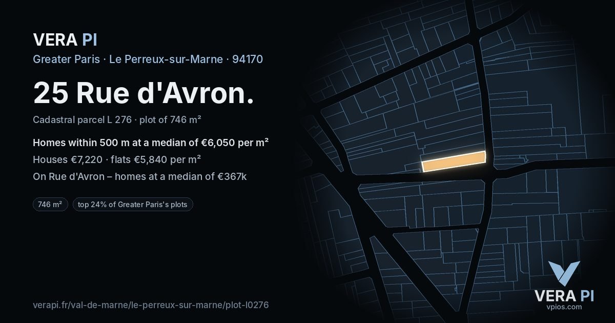 25 Rue d'Avron, Le Perreux-sur-Marne at night – the plot lit, the parcels around coloured by the prices near them