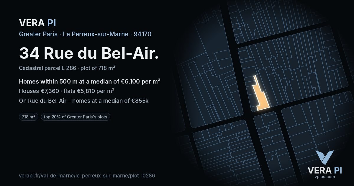 34 Rue du Bel-Air, Le Perreux-sur-Marne at night – the plot lit, the parcels around coloured by the prices near them