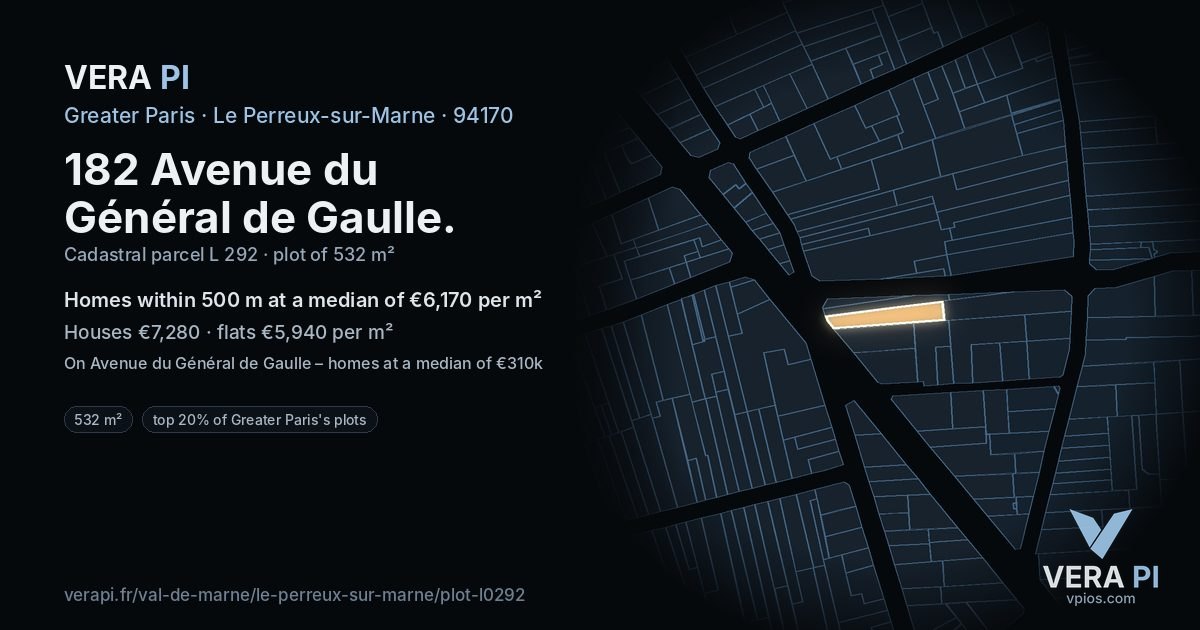 182 Avenue du Général de Gaulle, Le Perreux-sur-Marne at night – the plot lit, the parcels around coloured by the prices near them