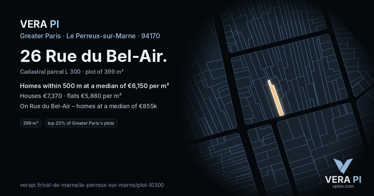 26 Rue du Bel-Air, Le Perreux-sur-Marne at night – the plot lit, the parcels around coloured by the prices near them