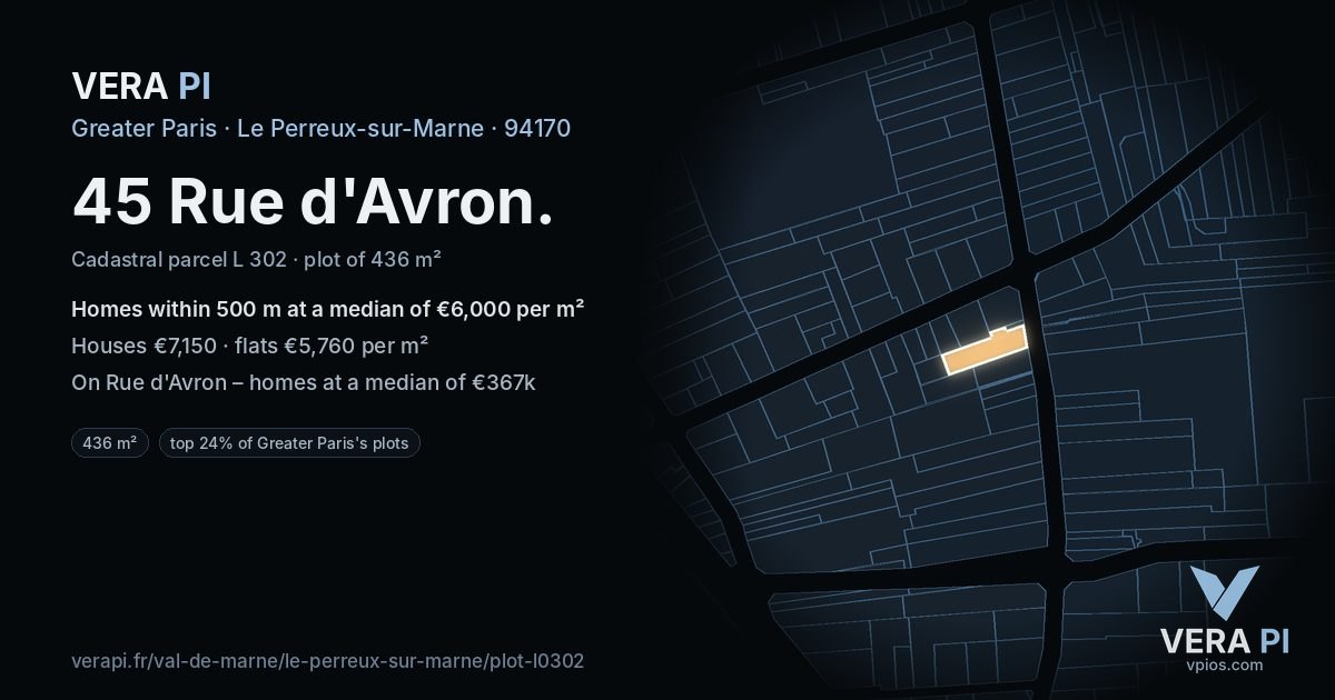 45 Rue d'Avron, Le Perreux-sur-Marne at night – the plot lit, the parcels around coloured by the prices near them