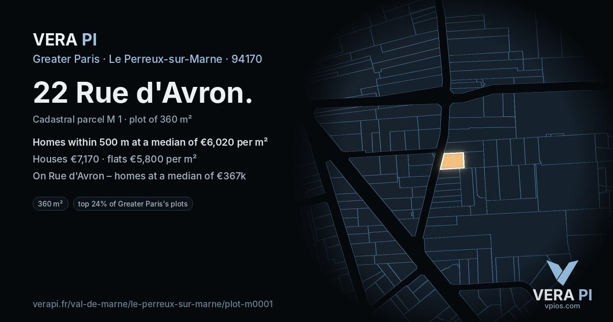 22 Rue d'Avron, Le Perreux-sur-Marne at night – the plot lit, the parcels around coloured by the prices near them