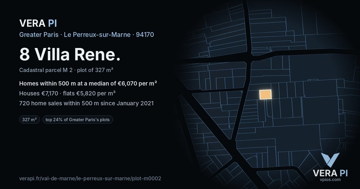 8 Villa Rene, Le Perreux-sur-Marne at night – the plot lit, the parcels around coloured by the prices near them