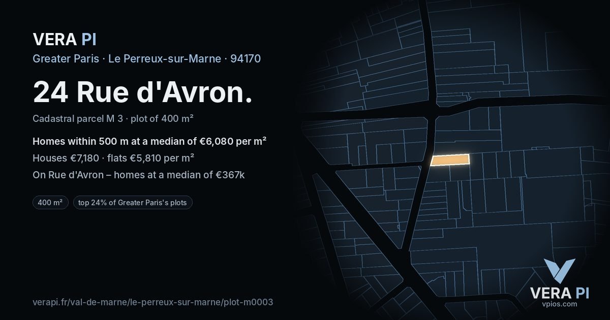 24 Rue d'Avron, Le Perreux-sur-Marne at night – the plot lit, the parcels around coloured by the prices near them