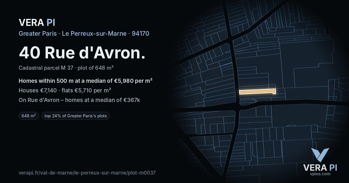 40 Rue d'Avron, Le Perreux-sur-Marne at night – the plot lit, the parcels around coloured by the prices near them