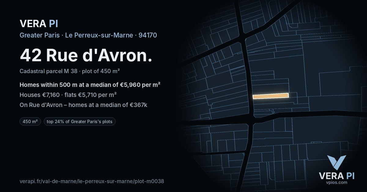 42 Rue d'Avron, Le Perreux-sur-Marne at night – the plot lit, the parcels around coloured by the prices near them