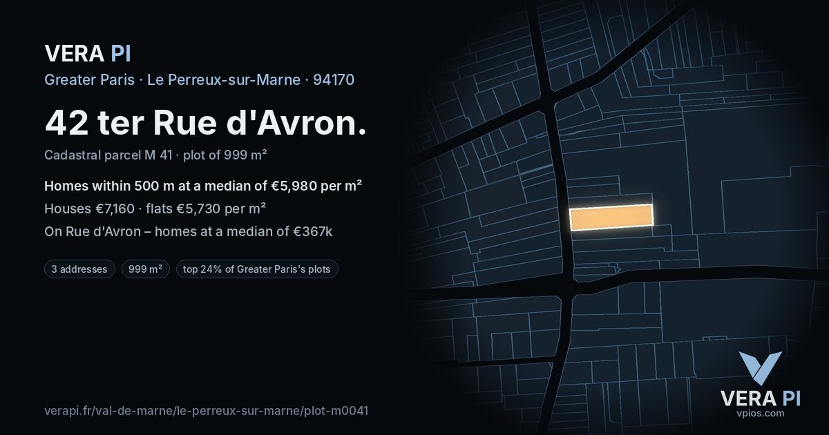 42 ter Rue d'Avron, Le Perreux-sur-Marne at night – the plot lit, the parcels around coloured by the prices near them