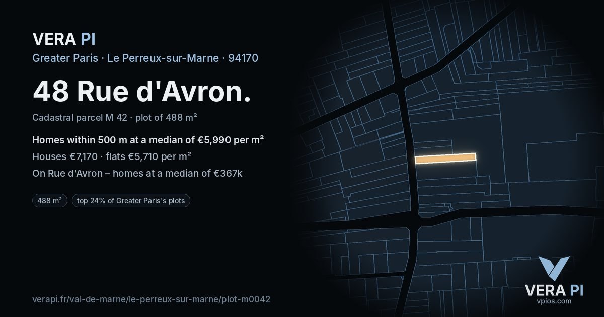 48 Rue d'Avron, Le Perreux-sur-Marne at night – the plot lit, the parcels around coloured by the prices near them