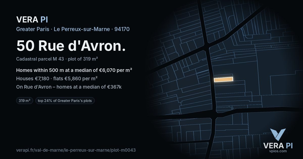 50 Rue d'Avron, Le Perreux-sur-Marne at night – the plot lit, the parcels around coloured by the prices near them