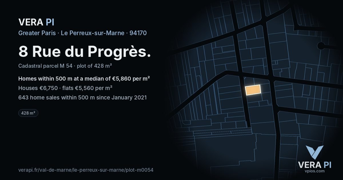 8 Rue du Progrès, Le Perreux-sur-Marne at night – the plot lit, the parcels around coloured by the prices near them
