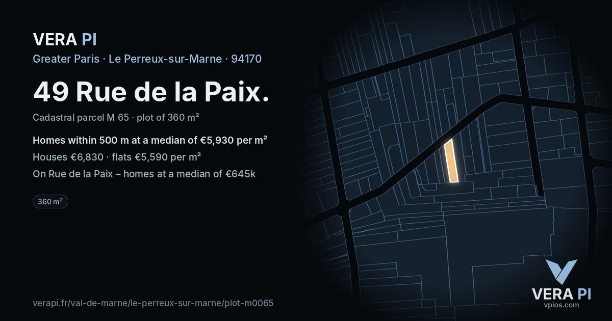 49 Rue de la Paix, Le Perreux-sur-Marne at night – the plot lit, the parcels around coloured by the prices near them
