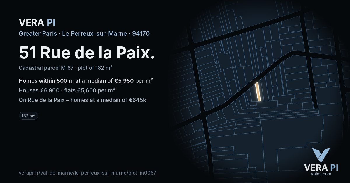 51 Rue de la Paix, Le Perreux-sur-Marne at night – the plot lit, the parcels around coloured by the prices near them