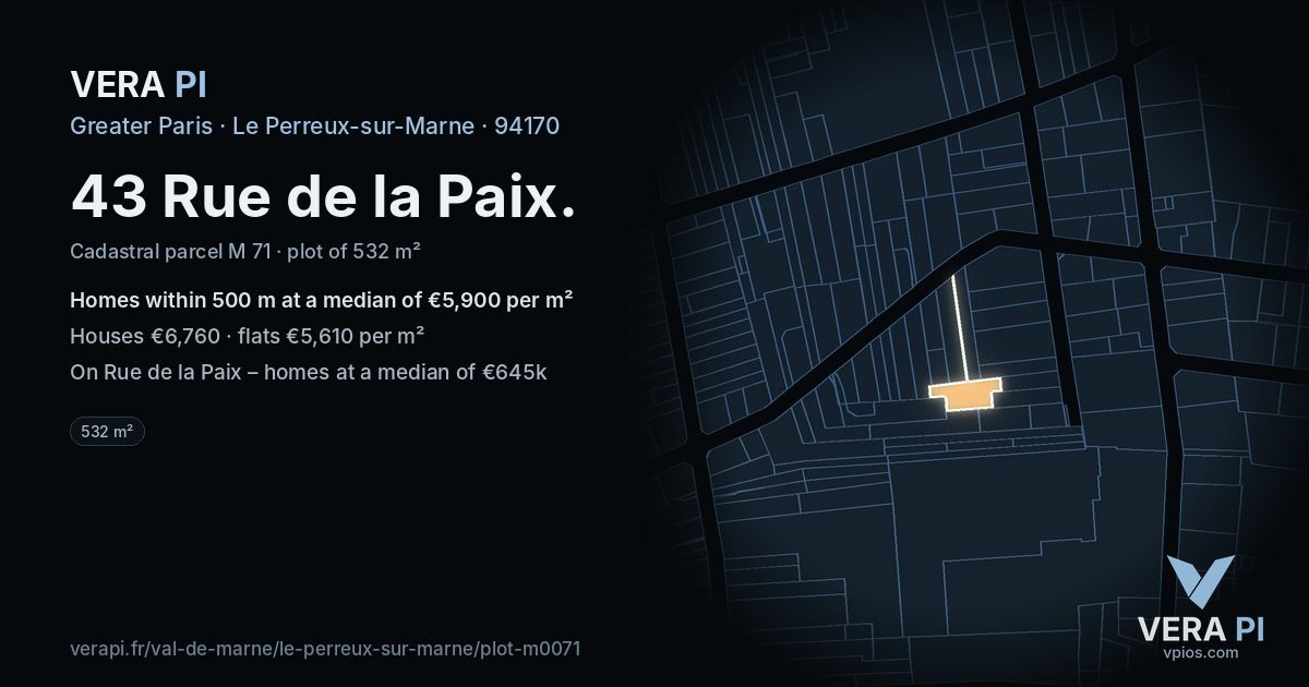 43 Rue de la Paix, Le Perreux-sur-Marne at night – the plot lit, the parcels around coloured by the prices near them