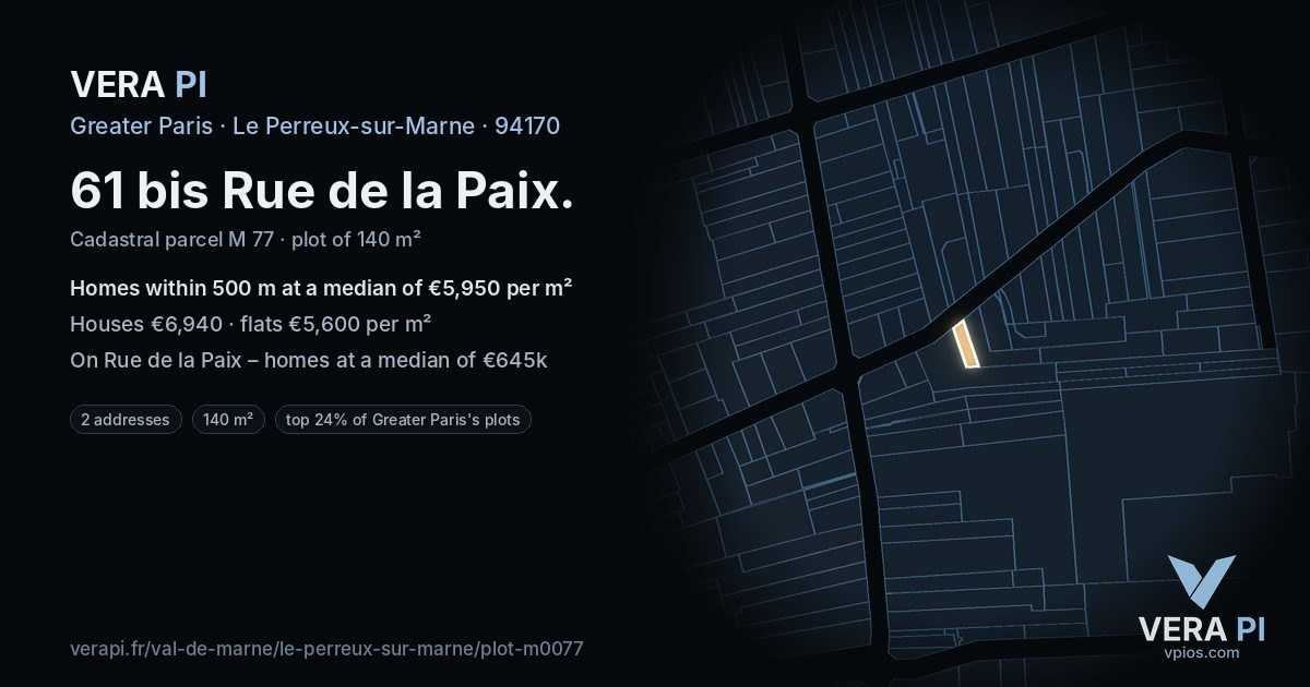 61 bis Rue de la Paix, Le Perreux-sur-Marne at night – the plot lit, the parcels around coloured by the prices near them