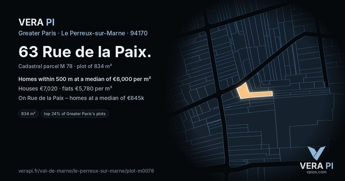 63 Rue de la Paix, Le Perreux-sur-Marne at night – the plot lit, the parcels around coloured by the prices near them