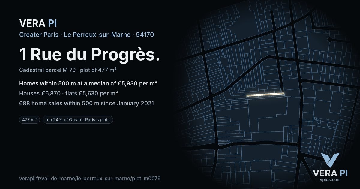 1 Rue du Progrès, Le Perreux-sur-Marne at night – the plot lit, the parcels around coloured by the prices near them