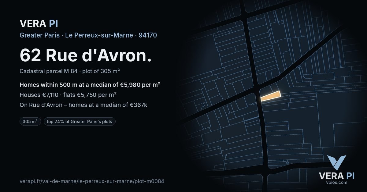 62 Rue d'Avron, Le Perreux-sur-Marne at night – the plot lit, the parcels around coloured by the prices near them