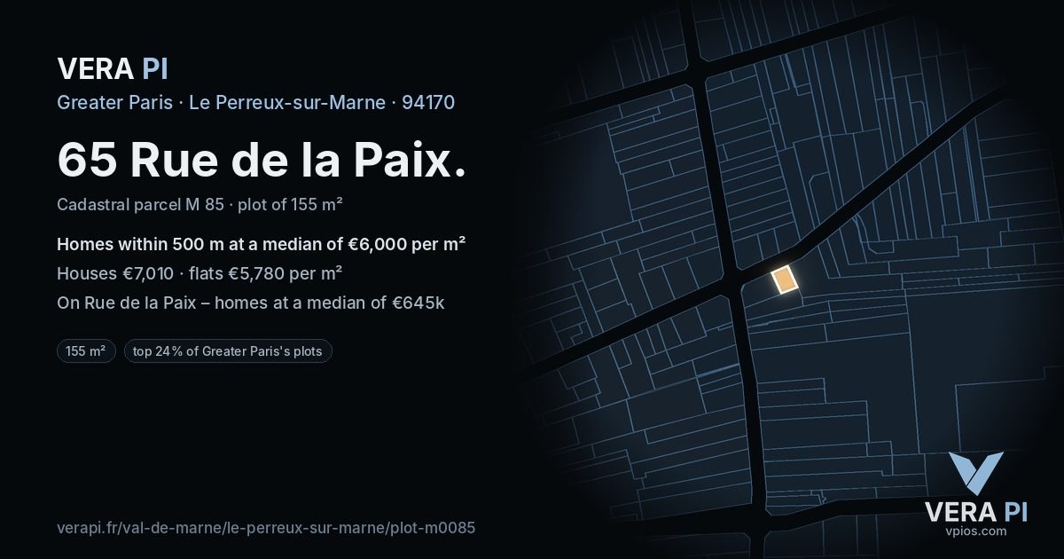65 Rue de la Paix, Le Perreux-sur-Marne at night – the plot lit, the parcels around coloured by the prices near them