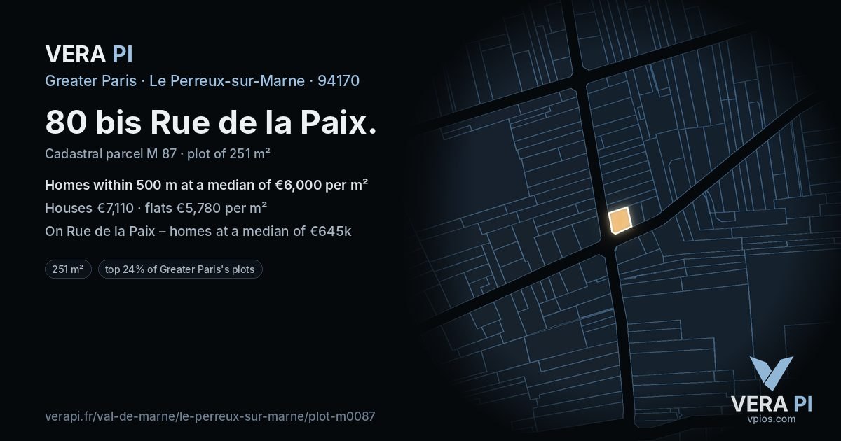 80 bis Rue de la Paix, Le Perreux-sur-Marne at night – the plot lit, the parcels around coloured by the prices near them
