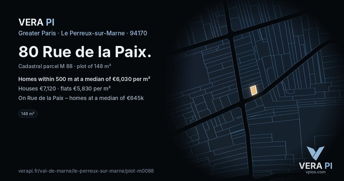 80 Rue de la Paix, Le Perreux-sur-Marne at night – the plot lit, the parcels around coloured by the prices near them