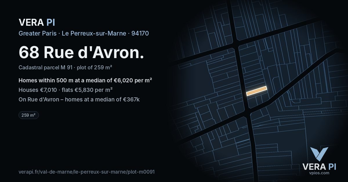 68 Rue d'Avron, Le Perreux-sur-Marne at night – the plot lit, the parcels around coloured by the prices near them