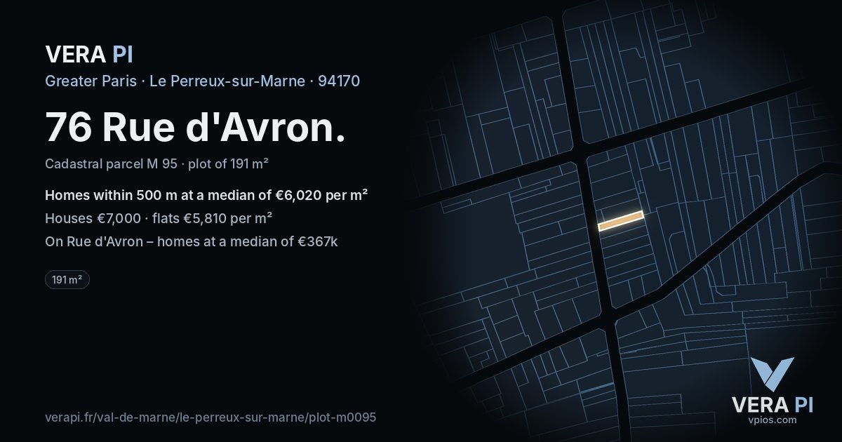76 Rue d'Avron, Le Perreux-sur-Marne at night – the plot lit, the parcels around coloured by the prices near them