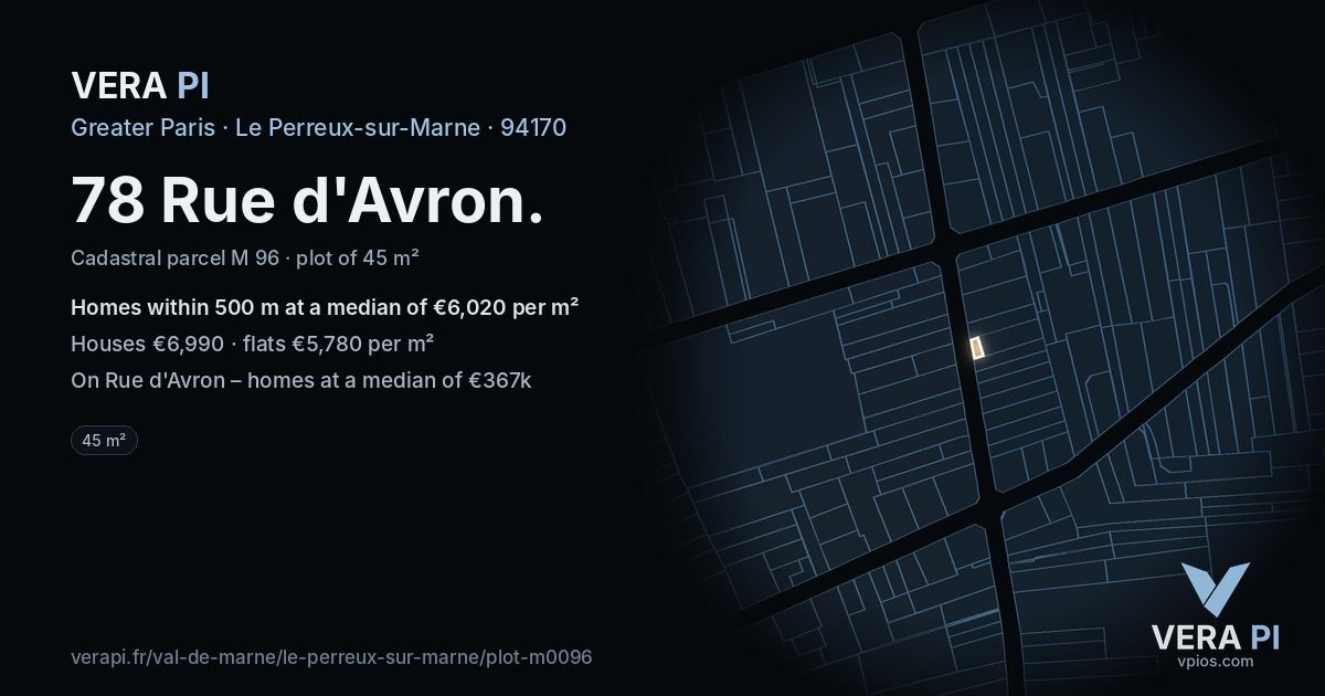 78 Rue d'Avron, Le Perreux-sur-Marne at night – the plot lit, the parcels around coloured by the prices near them