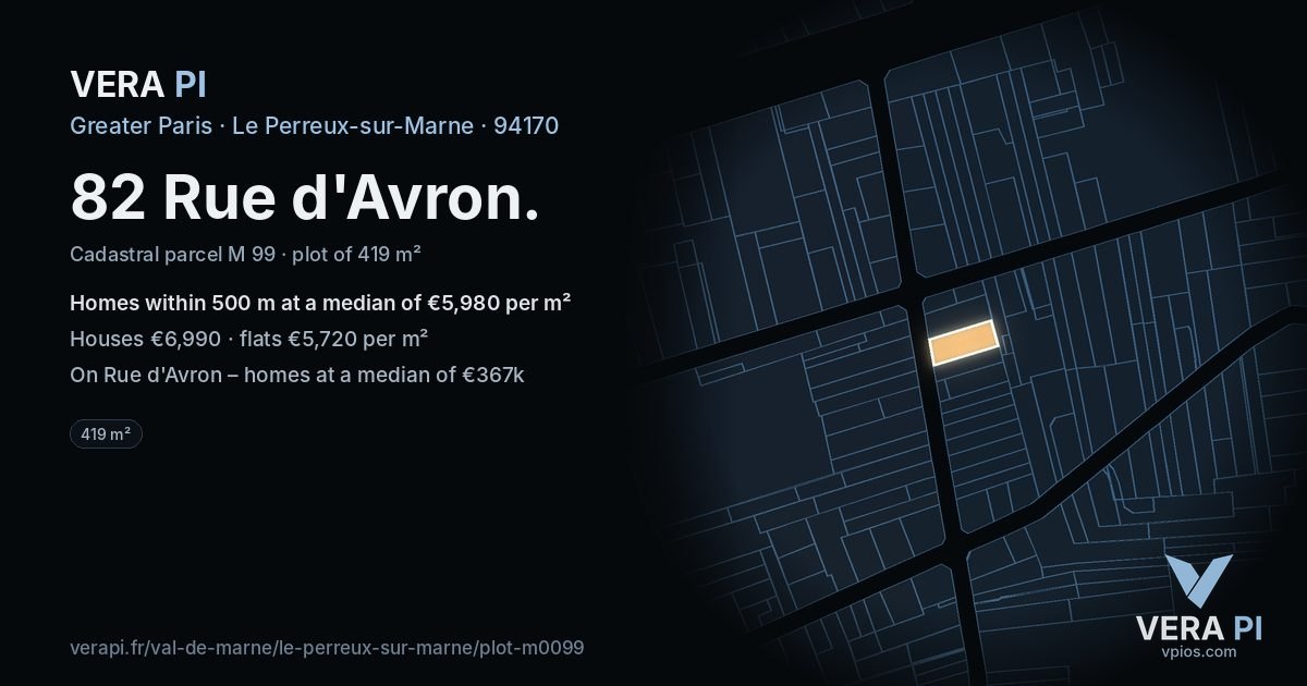 82 Rue d'Avron, Le Perreux-sur-Marne at night – the plot lit, the parcels around coloured by the prices near them