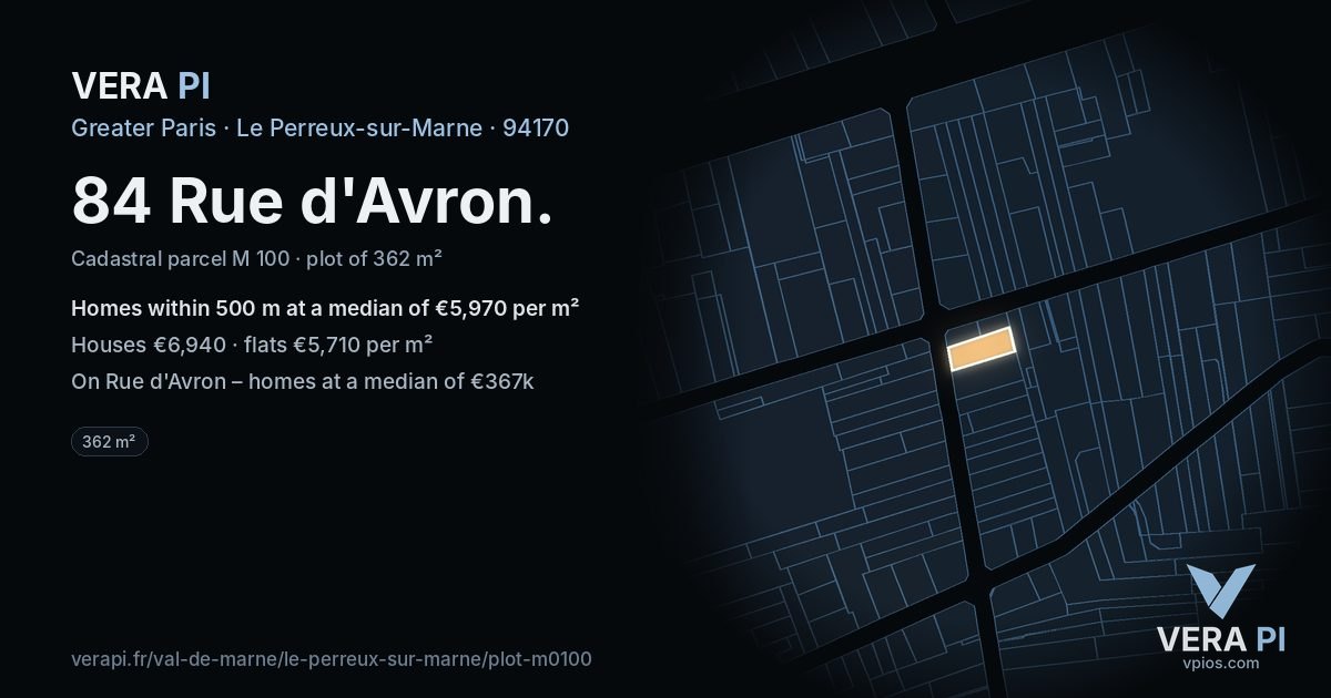 84 Rue d'Avron, Le Perreux-sur-Marne at night – the plot lit, the parcels around coloured by the prices near them