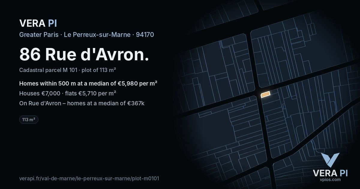 86 Rue d'Avron, Le Perreux-sur-Marne at night – the plot lit, the parcels around coloured by the prices near them