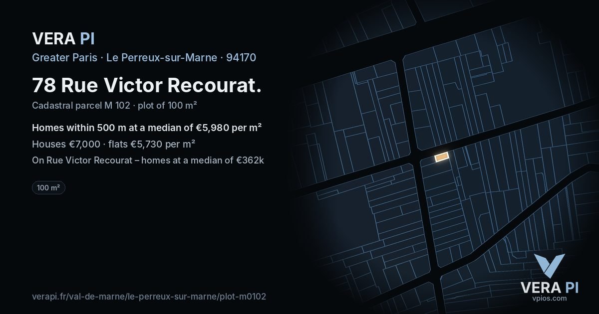 78 Rue Victor Recourat, Le Perreux-sur-Marne at night – the plot lit, the parcels around coloured by the prices near them